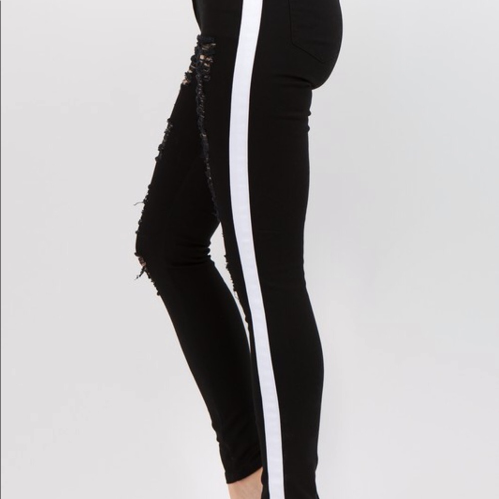 Plus Size Black Distressed Ripped Striped Jeans - Picture 2 of 4